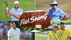 A Netflix Full Swing logo in the middle with various players either side