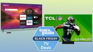 The Roku Plus Series QLED TV and the TCL QM7 Mini-LED TV against a colorful background