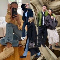 A collage of overlapping images of women wearing Clarks Wallabee shoes, including Emily Oberg, Paloma Elsesser, and Danielle Cathari.