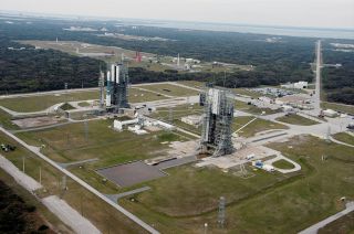 The twin launch pads at Cape Canaveral Air Force Station's LC-17 as seen prior to a Delta II rocket launch in 1997.