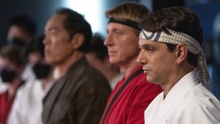 Yuji Okumoto as Chozen Toguchi, William Zabka as Johnny Lawrence, Ralph Macchio as Daniel LaRusso in episode 508 of Cobra Kai.