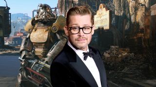 An edited photo of Macaulay Culkin attending the 2024 Academy Museum Gala at Academy Museum of Motion Pictures, including background images from Fallout 4