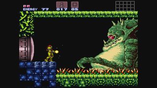 Samus fighting Kraid in Super Metroid