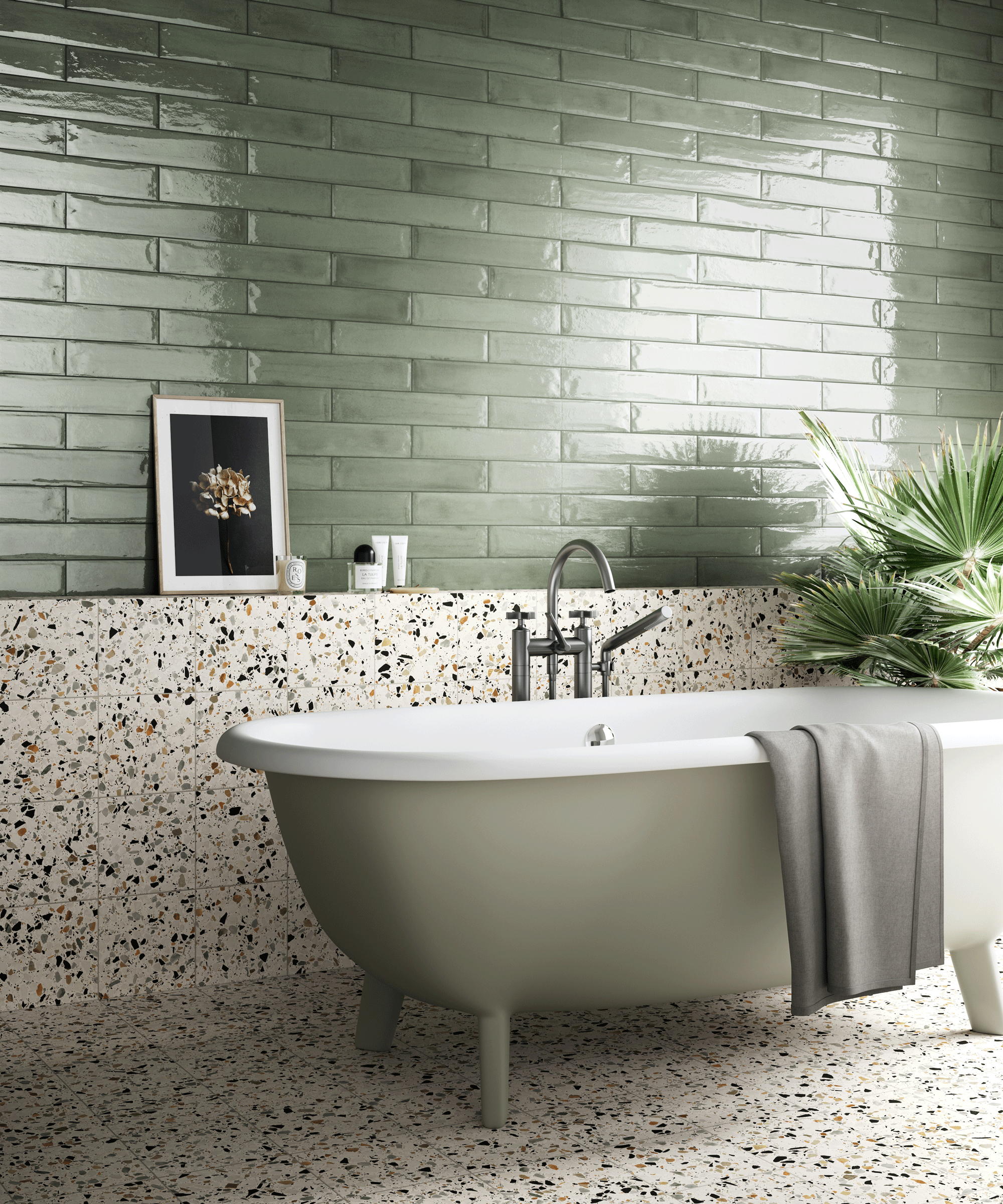 bathroom with half green tiles and half terrazzo