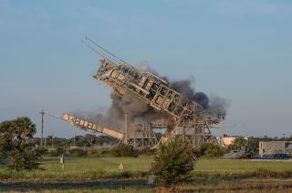 The historic towers fall at Cape Canaveral Air Force Station's LC-17 after 62 years standing.