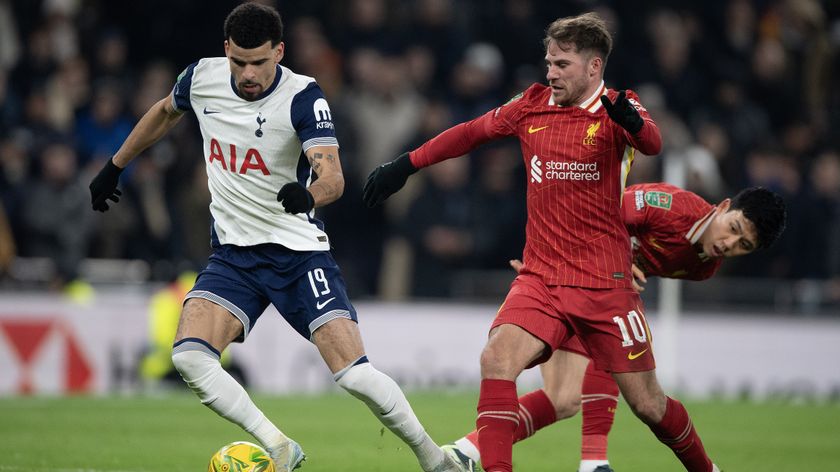 Dominic Solanke of Tottenham Hotspur and Alexis Mac Allister of Liverpool during the Carabao Cup Semi Final First Leg match between Tottenham Hotspur and Liverpool