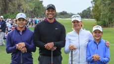 Tiger and Charlie Woods pose with Annika Sorenstam and Will McGee at the 2023 PNC Championship