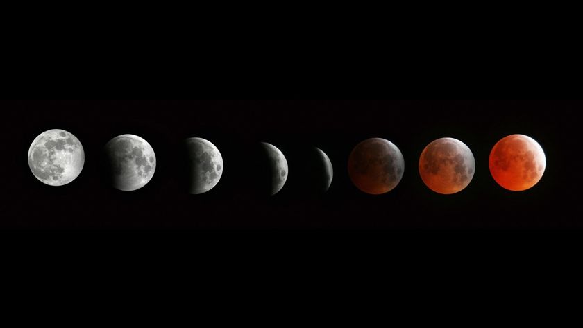 composite image showing the stages of a total lunar eclipse with the moon turning progressively more red as Earth&#039;s shadow sweeps across it.