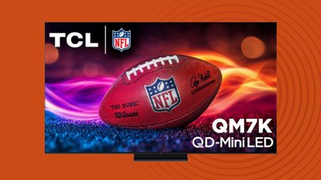 TCL QM7K TV on orange background