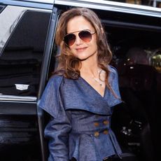 Katie Holmes wearing a denim shirt