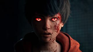 Upcoming horror games - Slitterhead screenshot of a short haired person with glowing red eyes and blood spattered across their cheek.