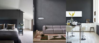 What color is graphite? Three images, bedroom with graphite painted wall, living room with graphite painted wall, kitchen with graphite painted wall,