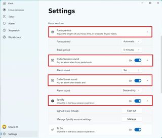 Clock focus sessions settings