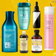 collage of hair growth shampoos including Redken, Kerastase, Shea Moisture