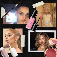 Collage of Tyla, Ariana Grande, Charli XCX, and Sabrina Carpenter with makeup products for Beauty's Night Out