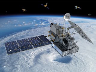 An artist&#039;s depiction of the Global Precipitation Measurement (GPM) Core Observatory, a partnership between NASA and the Japan Aerospace Exploration Agency, at work studying Earth.