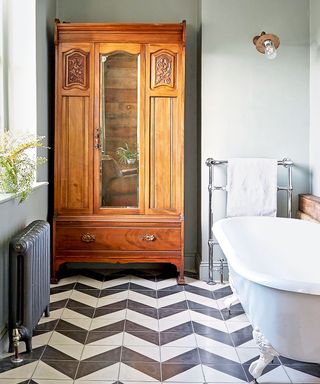 Zig zag tiles in farmhouse bathroom