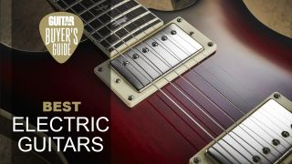 Close up of an electric guitar's strings and pickups