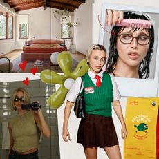 a collage of images featuring Emma Chamberlain and her work, her personal style and wardrobe, and her interior design taste