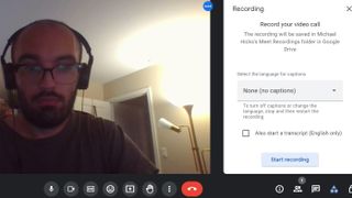 The side menu for Recording options in Google Meet, showing the option to turn on captions in different languages, start an English language transcript, or Start Recording.