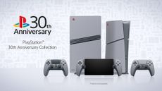 Promotional image of PS5 30th Anniversary colletion of consoles and accessories