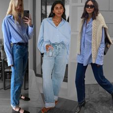 collage of three fashion influencers including Christie Tyler, Monikh Dale, and Débora Rosa wearing chic outfits with blue button-down shirts and jeans