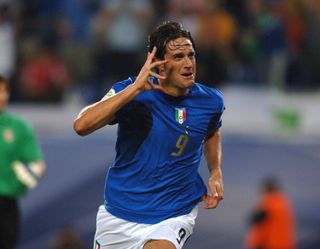 Luca Toni celebrates after scoring for Italy against Ukraine at the 2006 World Cup