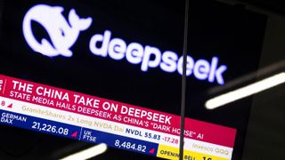 Deepseek logo with stock market ticker and headline on a TV.