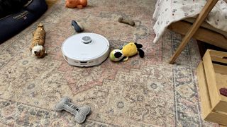 Roborock Qrevo Curv robot vacuum on a large rug, surrounded by dog toys