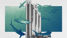 Photo collage of a Miami condo being circled by sharks