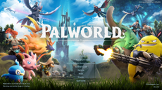 A screenshot of the Palworld title screen from a PC, with colorful Pals on each side and a tower in the background.