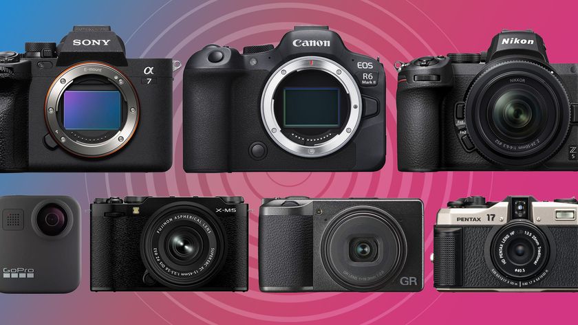 Sony, Canon, Nikon, GoPro, Fujifilm, Ricoh and Pentax cameras in two rows on a blue and pink background with radar graphic