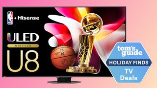 The Hisense U8N Mini-LED TV against a colorful background and next to a badge that reads: "Tom's Guide Deals - Holiday Finds"