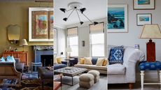 reasons why your living room lighting looks cheap triptych. Far left: yellow living room with wall art above gray mantel with timber sideboard and patterned rug. Middle: White living room with black 5-prong pendant, gray rug and cream sofa with yellow and blue pillows with square padded coffee table. Far right: off-white living room with gray sofa and blue patterned throw pillow with side table and red table lamp