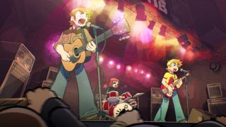 (L to R) Mark Webber as Stephen Stills, Alison Pill as Kim Pine and Michael Cera as Scott Pilgrim in Scott Pilgrim Takes Off