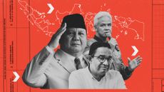 Photo composite of Prabowo Subianto, Anies Baswedan, Ganjar Pranowo, voting forms and a map of Indonesia