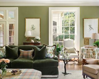 traditional living room with green walls