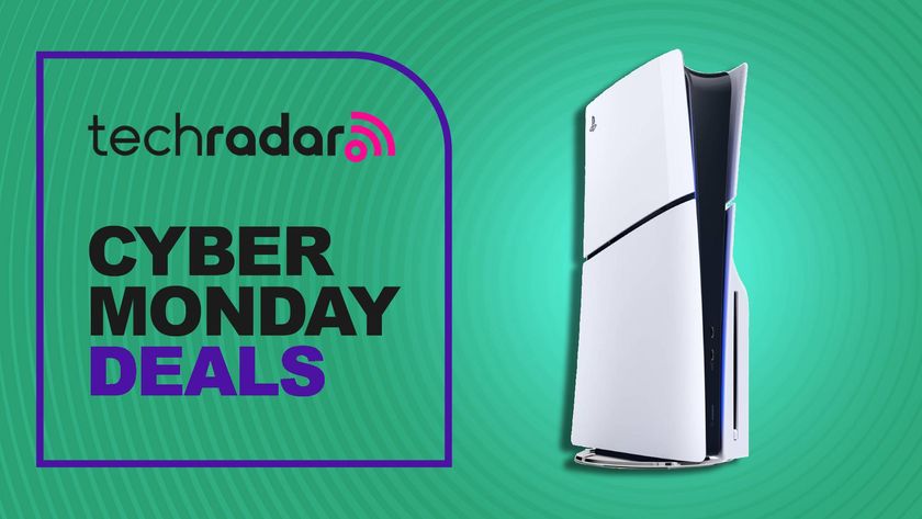 A PS5 console on a green background with black and purple cyber monday deals text.