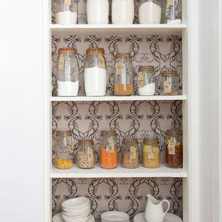 Open shelving with wallpapered backs