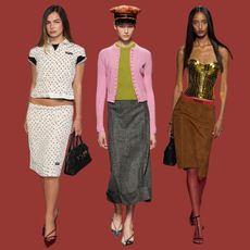 A collage of runway, celebrity, and lookbook images showcasing the top 2025 skirt trends.