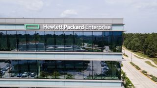 HPE logo and branding pictured on the company headquarters in Spring, Texas, United States.