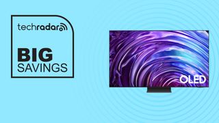 Samsung s95d TV on blue background with big savings text overlay