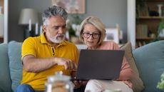 An concerned older couple sit on their sofa and look at a laptop together. 