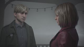 A screenshot of Silent Hill 2's main protagonist James in conversation