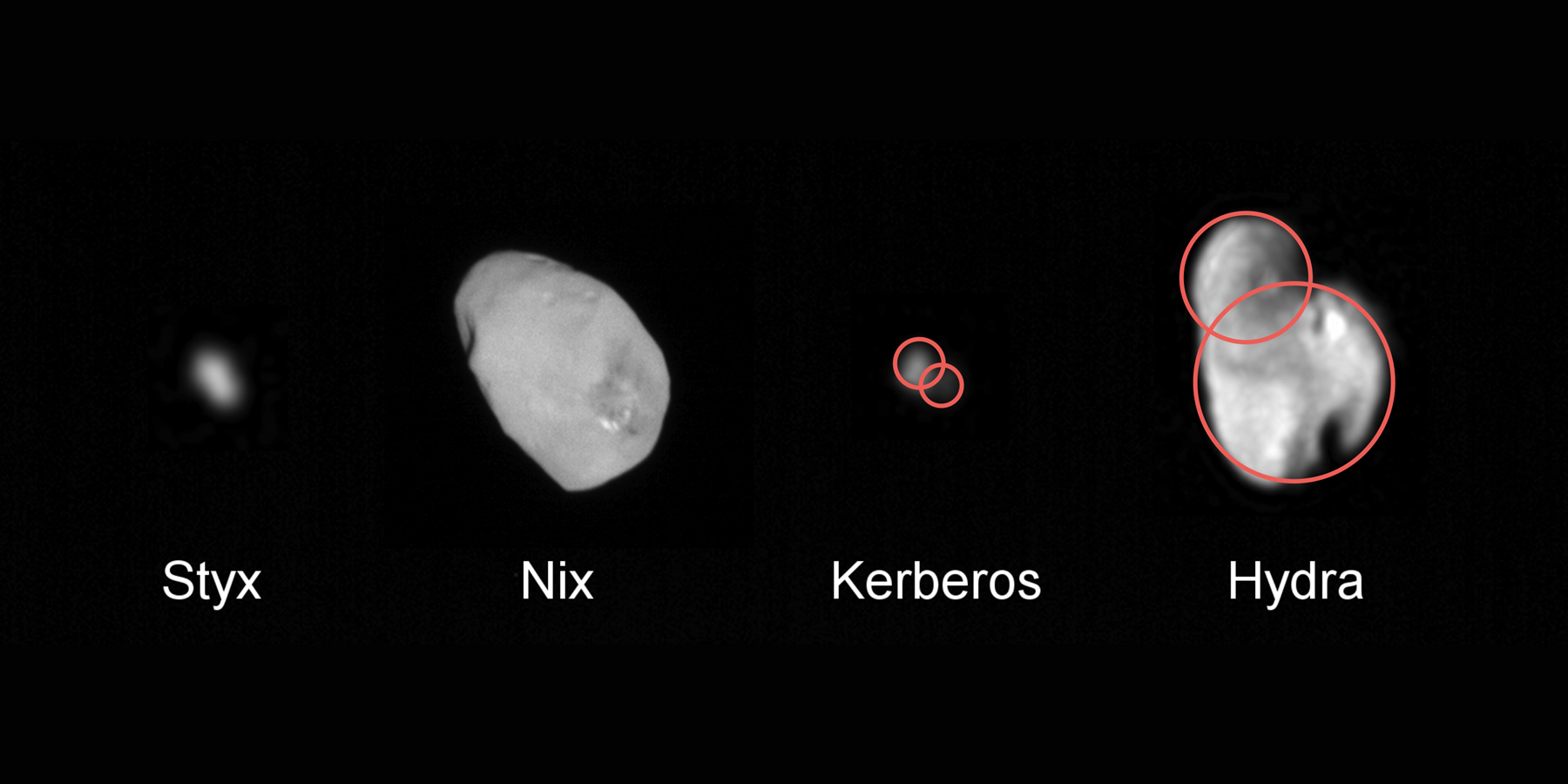 These close views of Pluto&#039;s four smaller moons were captured by NASA&#039;s New Horizons probe during its historic July 2015 flyby. Data from New Horizons suggests that at least two (and maybe even all four) were born from mergers of even smaller moons.