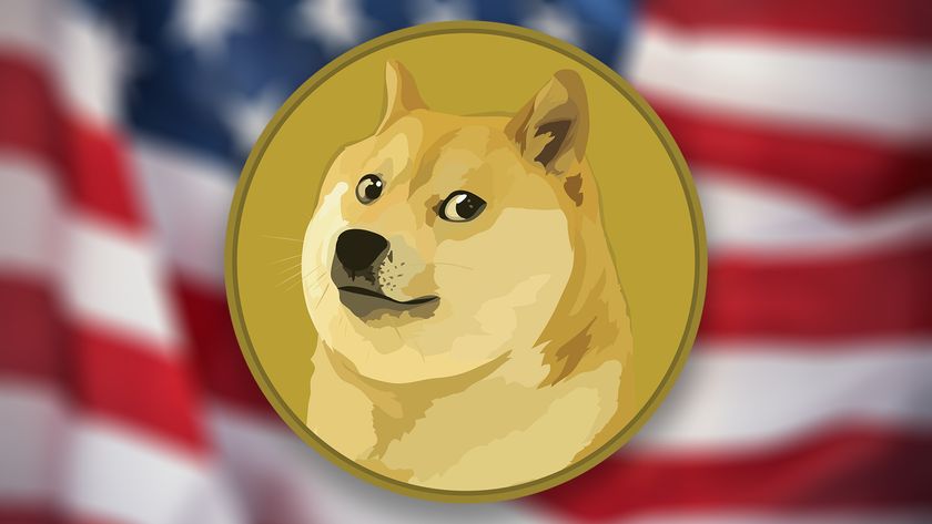 Dogecoin logo on a blurred American flag background 