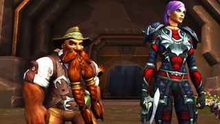 A World of Warcraft dwarf and human character standing in front of the entrance to a delve dungeon