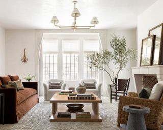 living room with white walls, glass external doors, rust colored sofa and modern rustic decor