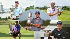 Five LIV Golfers holding trophies