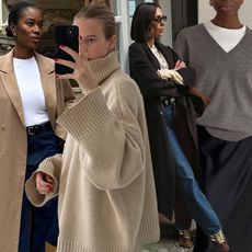 fashion collage of European style influencers including Marilyn Nwawulor-Kazemaks, Clara Dyrhauge; Jessica Skye, and Sylvie Mus wearing chic and elegant winter outfits with dar-wash jeans, long coats, and sweaters